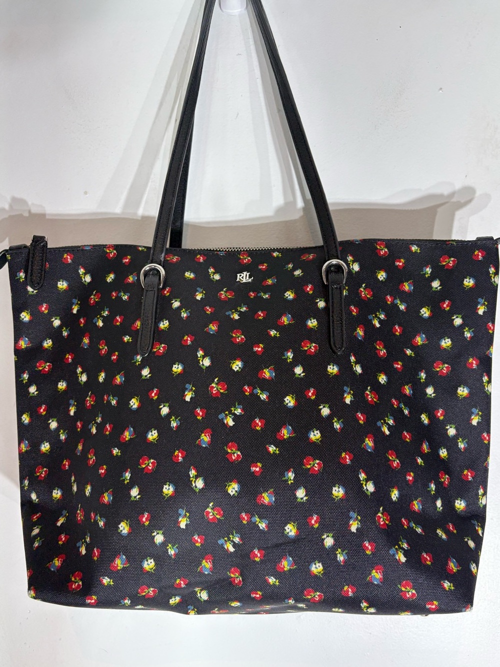 Lauren Ralph Lauren Black Floral nylon Zip Tote Bag Shopper Shoulder Purse